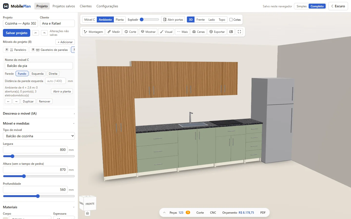 Tela do MobilePlan com uma cozinha planejada em 3D: paneleiro e armários aéreos em freijó, balcões verde-sálvia com tampo de pedra, cuba e cooktop, e o formulário de medidas ao lado.