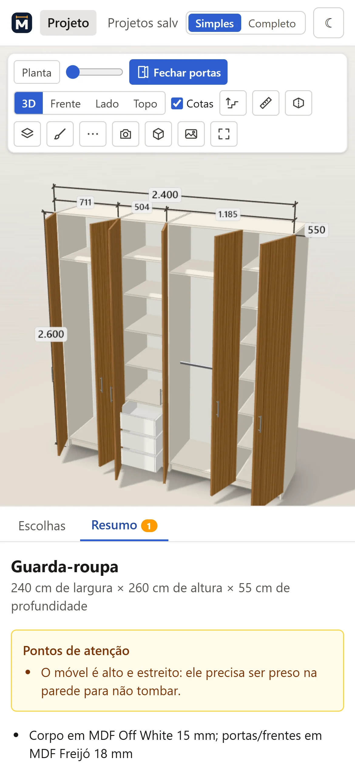 MobilePlan no celular, modo Simples: guarda-roupa em freijó com as portas abertas e o resumo com os pontos de atenção.