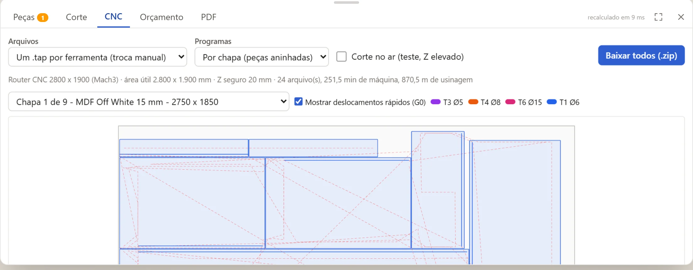 Aba CNC do MobilePlan com as trajetórias da fresa na chapa 1 de 9, ferramentas e tempo de máquina.