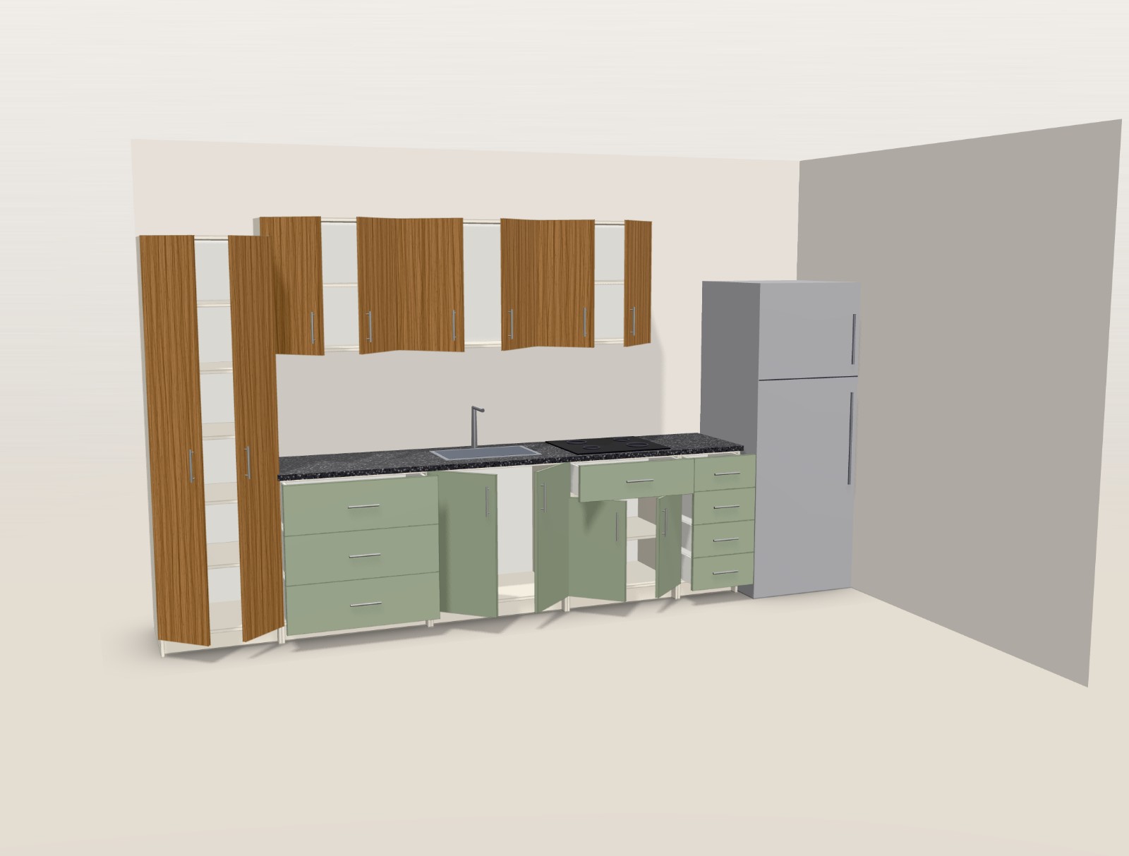 Cozinha em 3D com as portas e gavetas abertas mostrando prateleiras e caixas de gaveta.