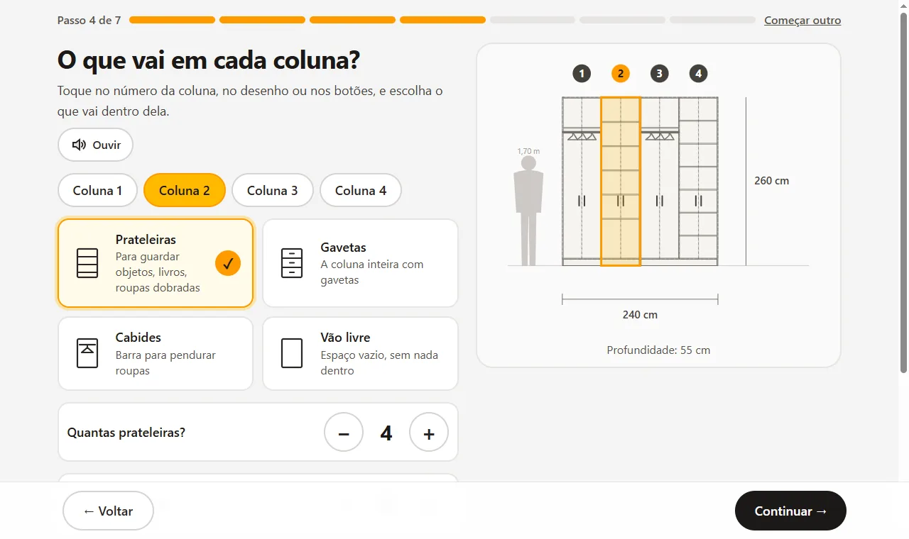 Assistente Criar do zero: a pergunta 'O que vai em cada coluna?' com botões grandes de prateleiras, gavetas, cabides e vão livre, e o desenho do guarda-roupa ao lado de uma pessoa de 1,70 m.